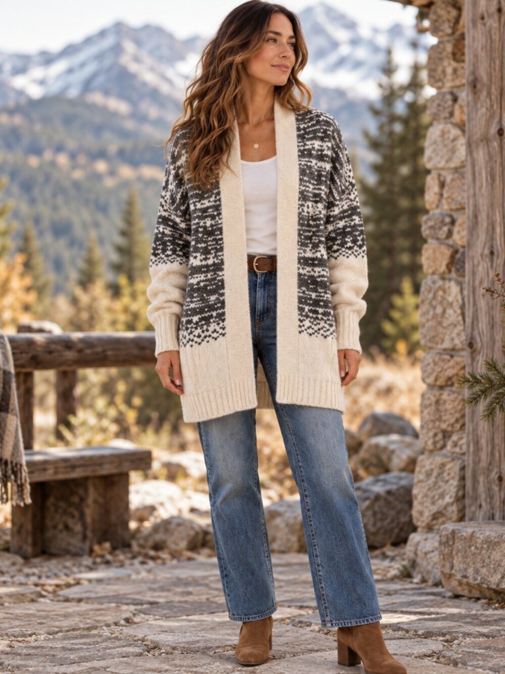 Banana Republic Fair Isle Cardigan M Wool Blend Cream Gray Heavy Mountaincore